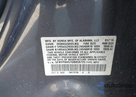 2016 Honda Pilot Ex-L z USA, uszkodzony, nr VIN 5FNYF6H57GB059725